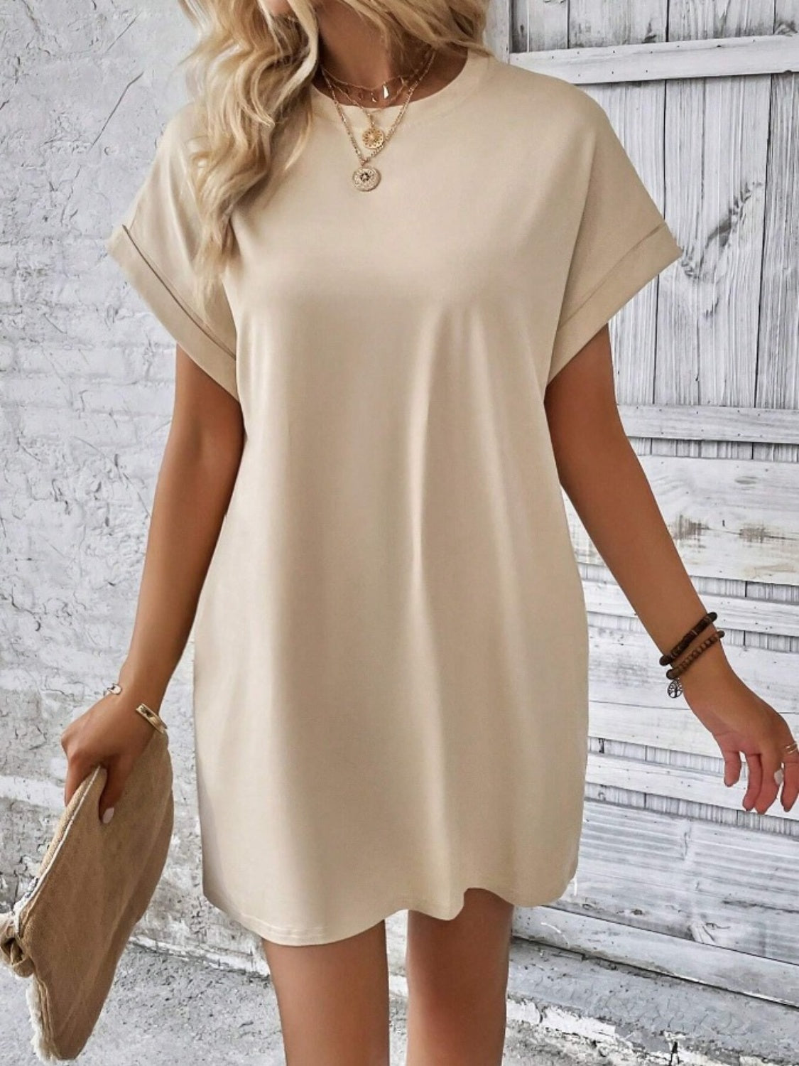 Pocketed Round Neck Short Sleeve Dress - Flyclothing LLC