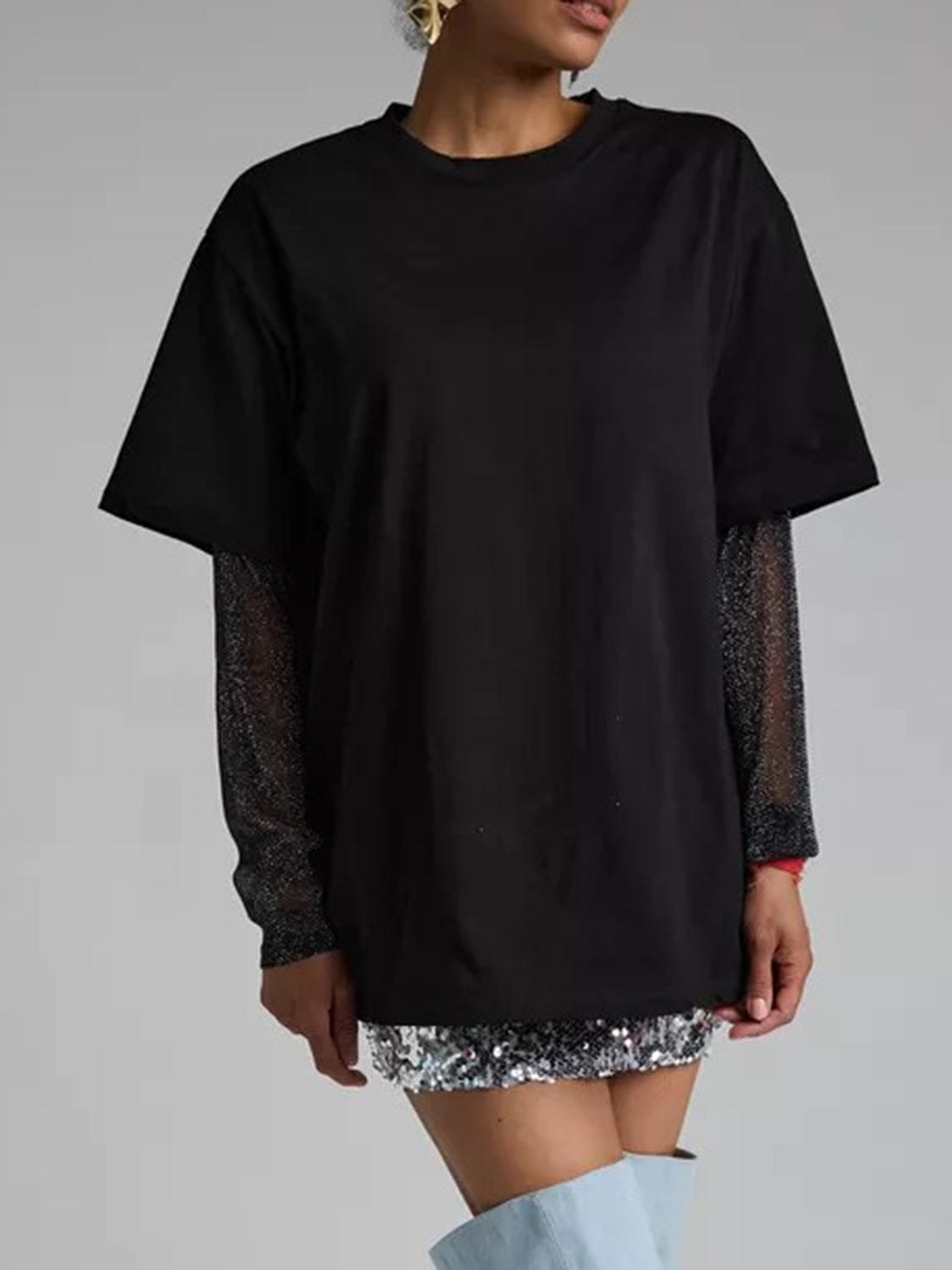 Faux Layered Round Neck Mesh Sleeve Top - Trendsi