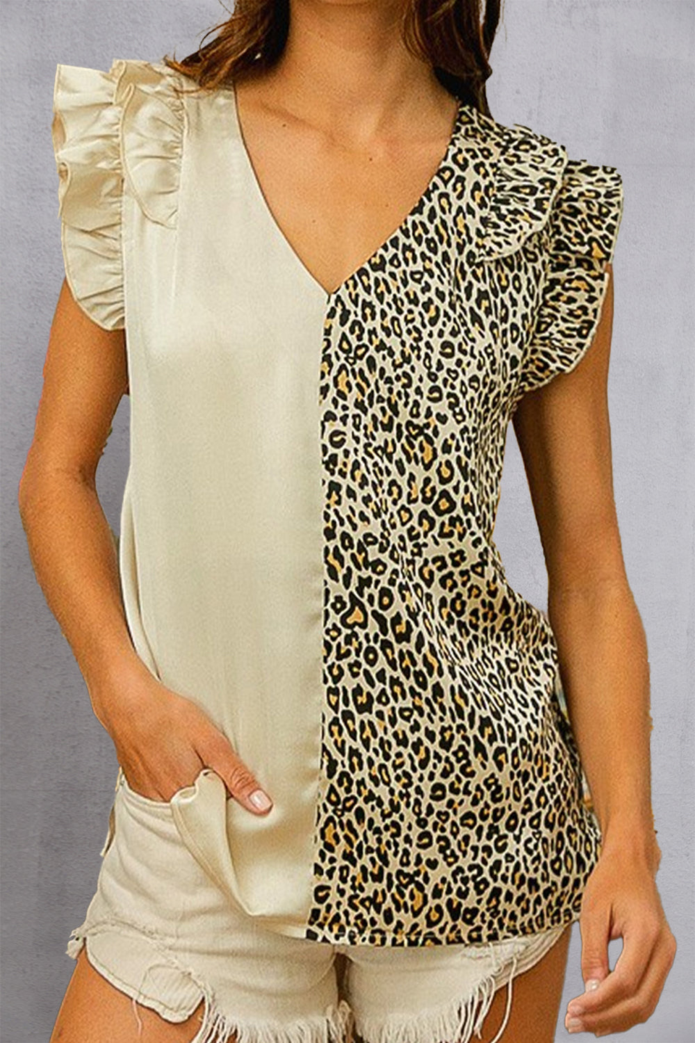 Ruffled Leopard V-Neck Cap Sleeve Blouse - Flyclothing LLC