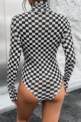 Checkered Turtleneck Long Sleeve Bodysuit - Trendsi