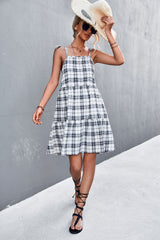 Plaid Tie-Shoulder Tiered Dress Trendsi