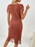 Fringe Openwork Boat Neck Knit Dress - Flyclothing LLC