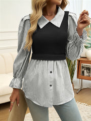 Devine Faux Layered Striped Collared Neck Long Sleeve Shirt