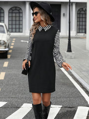 Houndstooth Collared Neck Long Sleeve Mini Dress