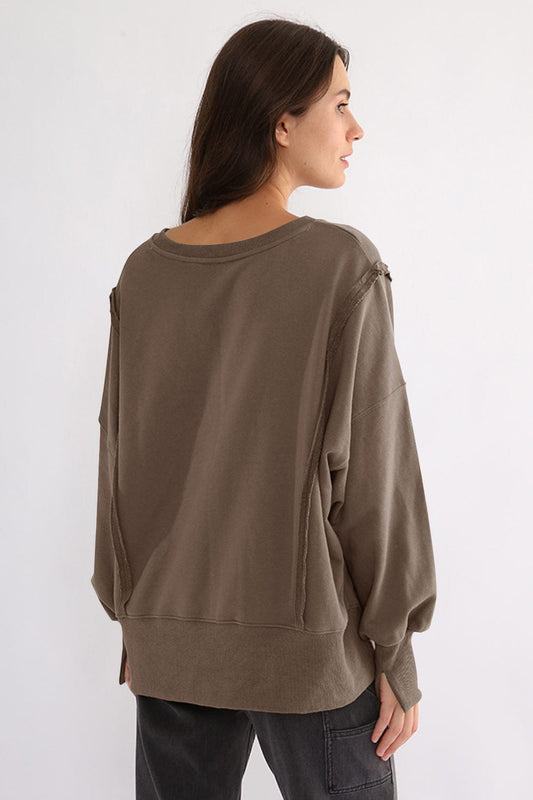 Exposed Seam High-Low Long Sleeve Sweatshirt - Trendsi