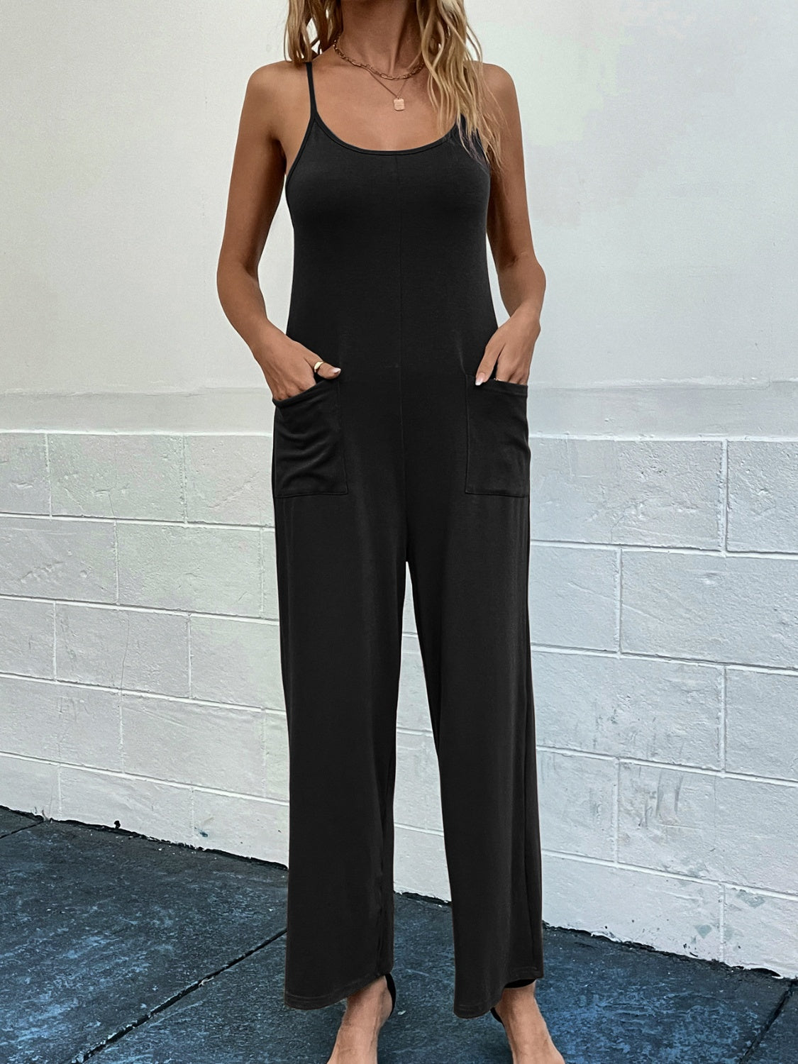 Pocketed Spaghetti Strap Wide Leg Jumpsuit - Flyclothing LLC