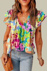 Ruffled Printed Tie Neck Cap Sleeve Blouse Trendsi