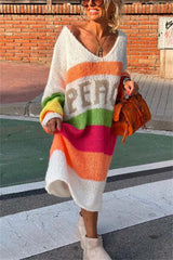 Color Block V-Neck Long Sleeve Sweater Dress - Trendsi