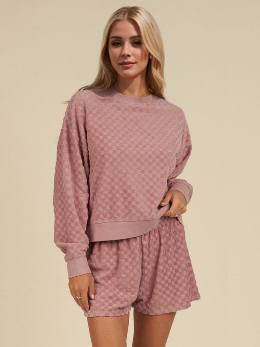 OH Checkered Round Neck Long Sleeve Top and Shorts Set - Trendsi