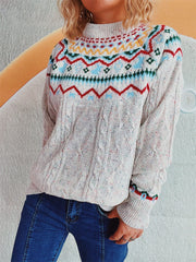 Cable-Knit Mock Neck Long Sleeve Sweater - Trendsi