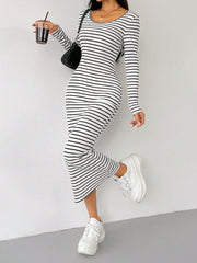 Striped Scoop Neck Long Sleeve Midi Tee Dress