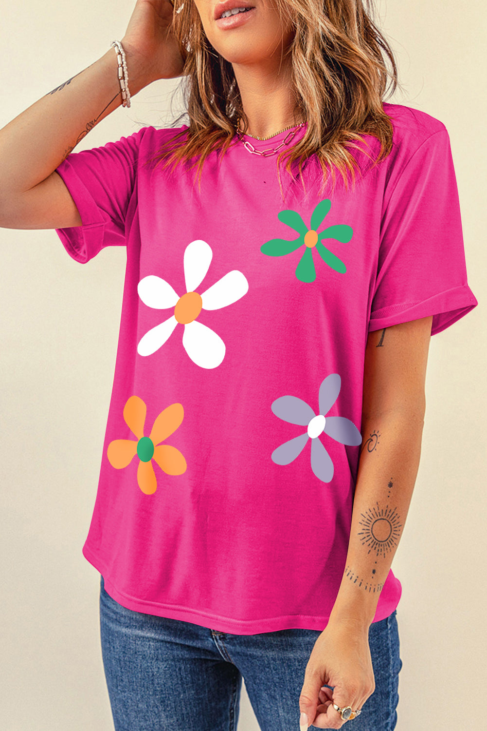 Flower Round Neck Short Sleeve T-Shirt Trendsi