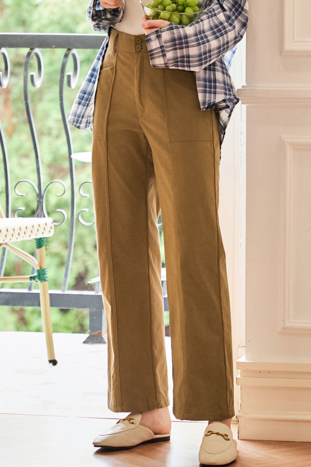 Half Elastic Waist Straight Pants