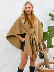 Fuzzy Trim Open Front Poncho - Trendsi