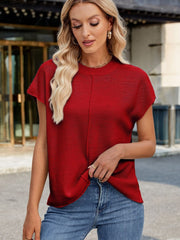 Exposed Seam Round Neck Short Sleeve Sweater - Trendsi