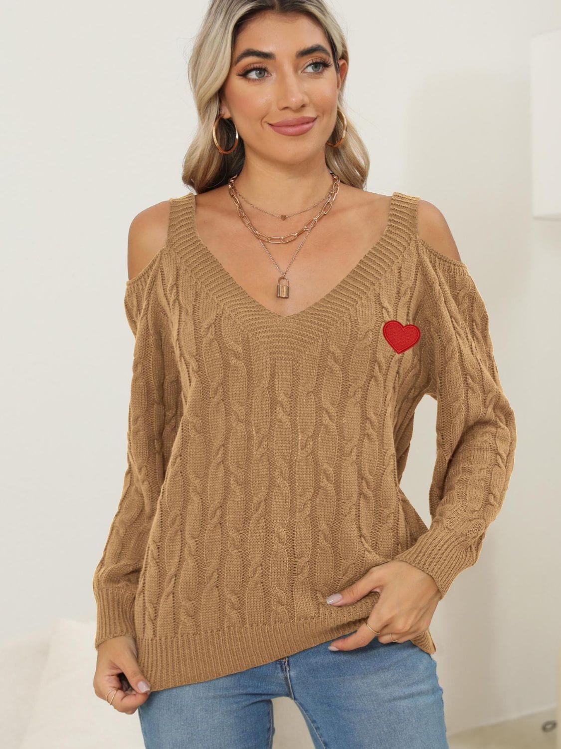 Cable-Knit Heart V-Neck Sweater - Trendsi