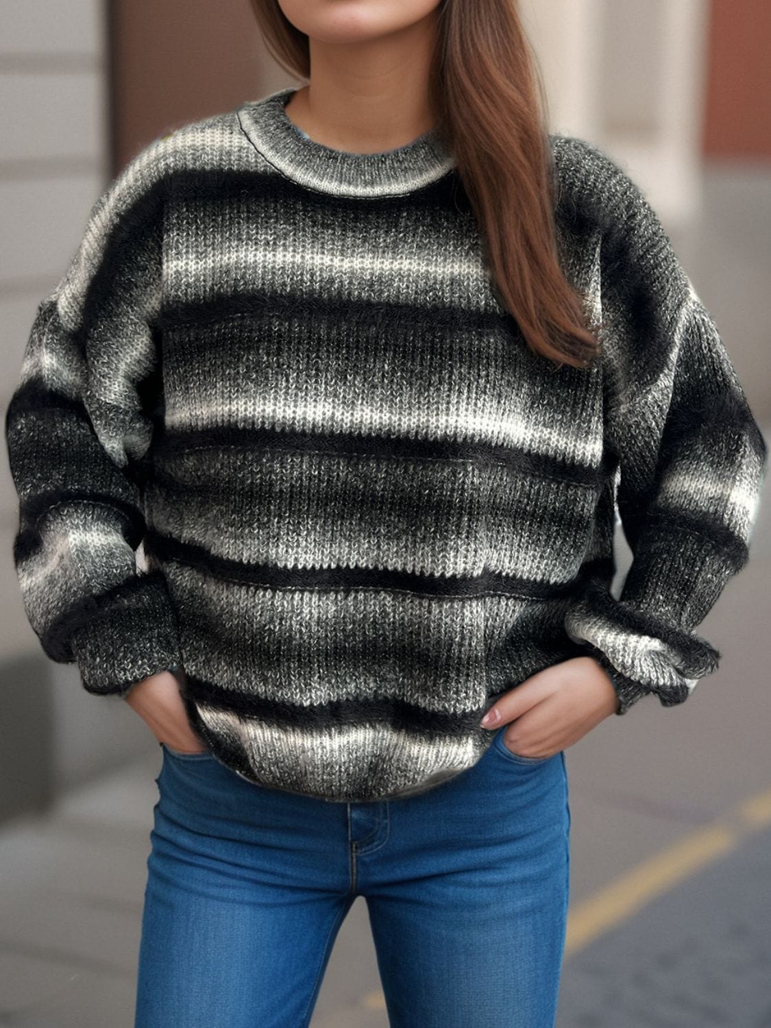 Gradient Round Neck Dropped Shoulder Sweater - Trendsi