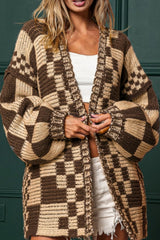 Checkered Open Front Long Sleeve Cardigan - Trendsi