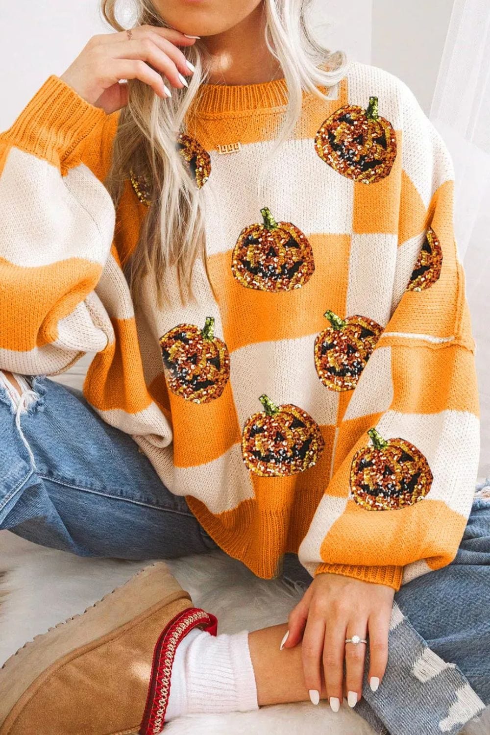 Pumpkin Checkered Round Neck Long Sleeve Sweater - Trendsi