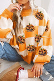 Pumpkin Checkered Round Neck Long Sleeve Sweater - Trendsi