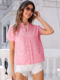 Printed Notched Short Sleeve Blouse - Flyclothing LLC