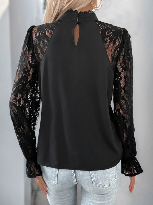 Blusa de encaje de manga larga y cuello alto Perfee