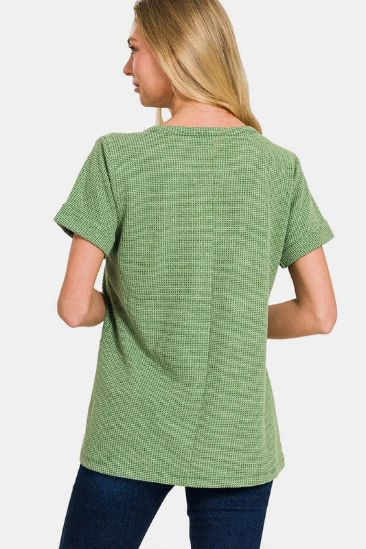 Zenana Waffle Notched Short Sleeve T-Shirt - Flyclothing LLC