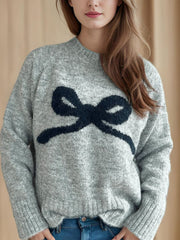 Bow Round Neck Long Sleeve Sweater - Trendsi