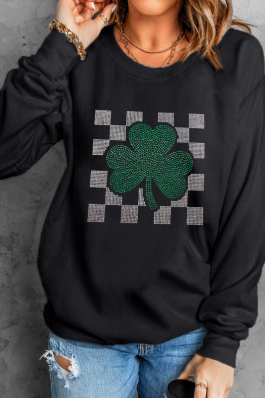 Rhinestone Checkered Lucky Clover Round Neck Sweatshirt