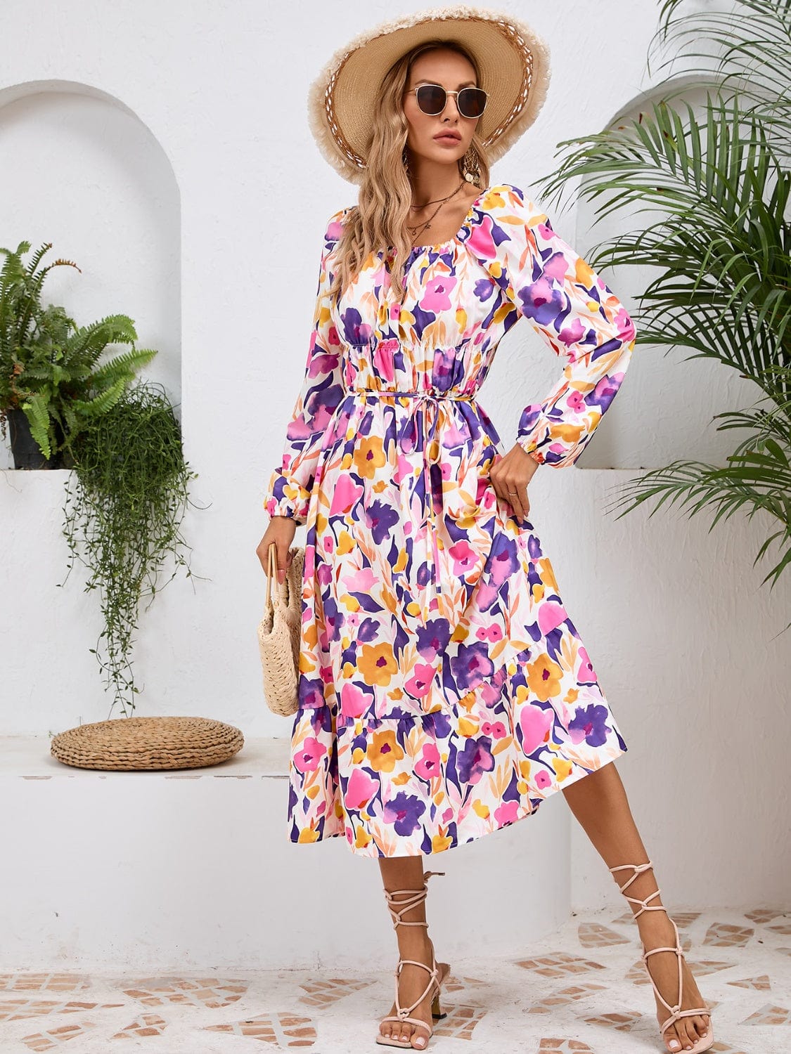 Printed Long Sleeve Midi Dress - Trendsi