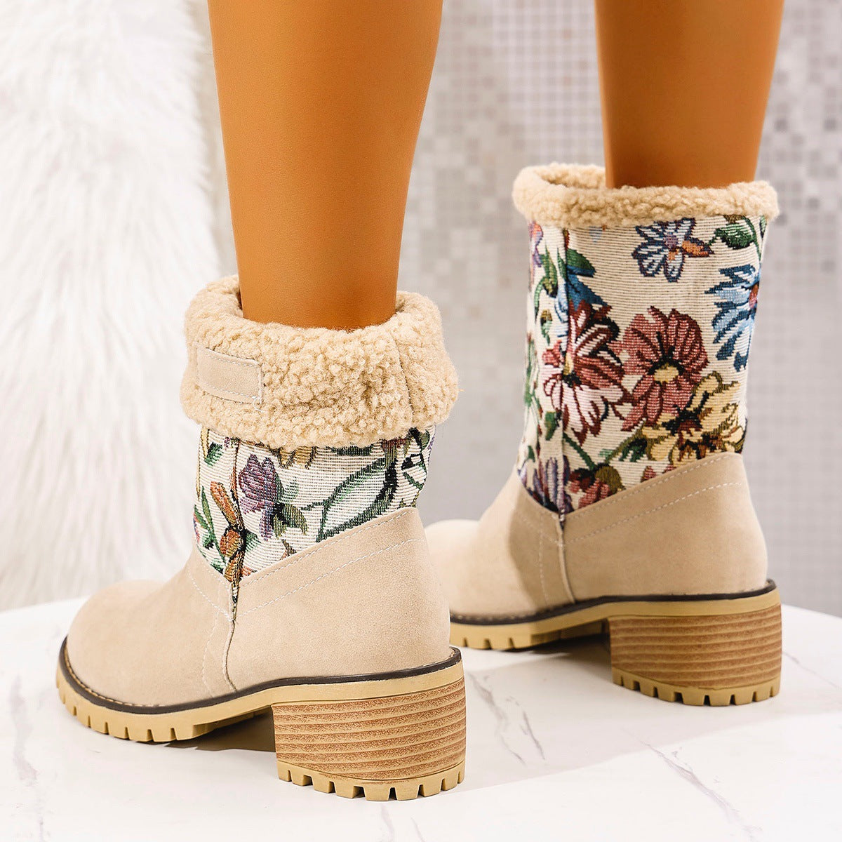 Embroidered Faux Fur Block Heel Boots