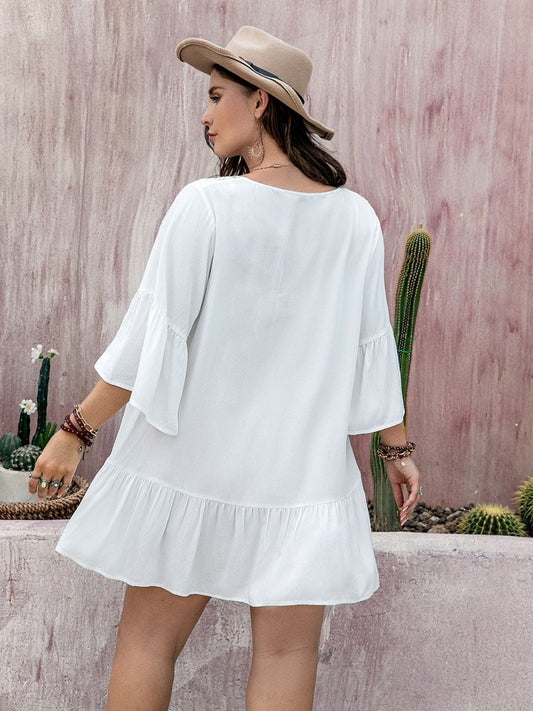 Plus Size Lace Detail Tie Neck Three-Quarter Sleeve Mini Dress - Trendsi