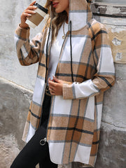 Drawstring Plaid Zip Up Long Sleeve Hooded Outerwear - Trendsi