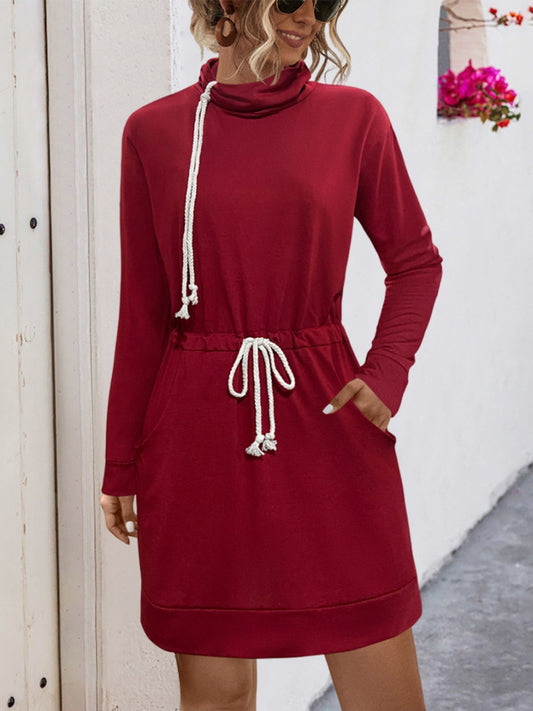 Drawstring Turtleneck Long Sleeve Mini Dress