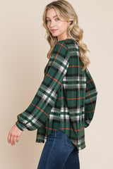 BOMBOM Curved Hem Plaid Round Neck Long Sleeve Top - Trendsi