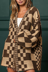 Checkered Open Front Long Sleeve Cardigan - Trendsi