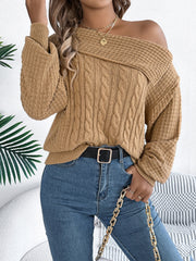 Cable-Knit One Shoulder Long Sleeve Sweater - Trendsi