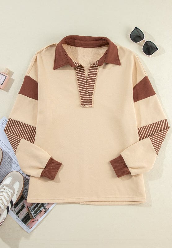 Color Block Johnny Collar Long Sleeve Sweatshirt - Trendsi