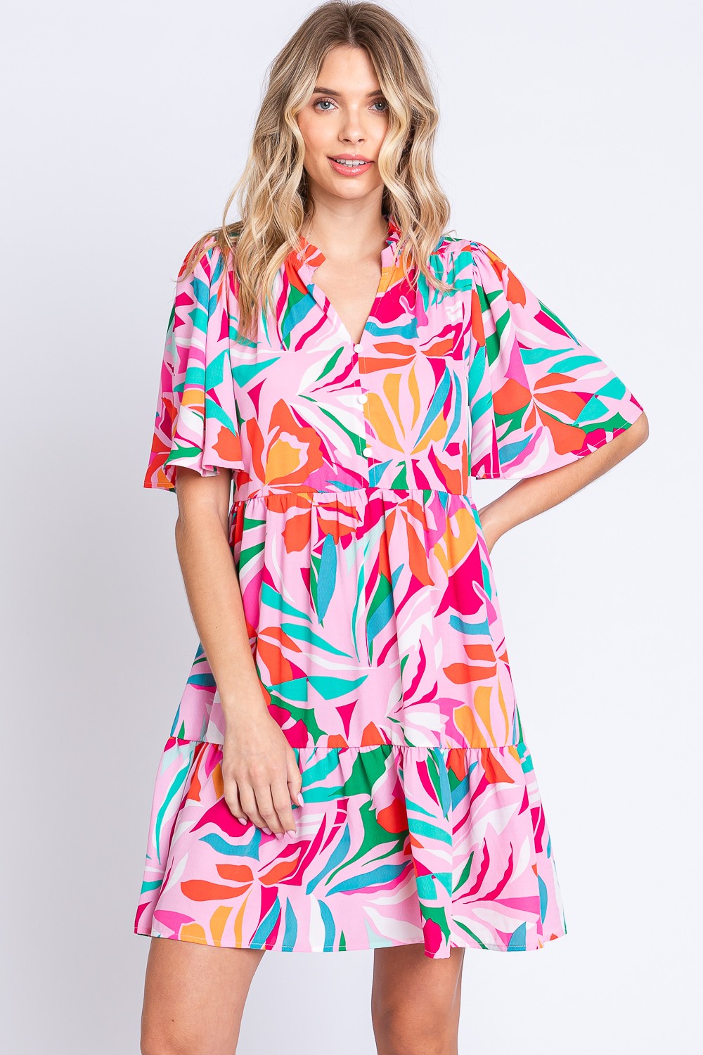 GeeGee Printed Short Sleeve Ruffle Hem Dress - Flyclothing LLC