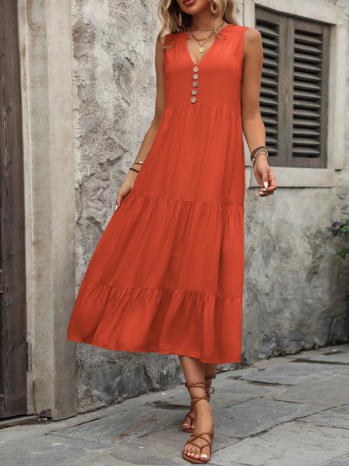 Decorative Button Notched Sleeveless Dress Trendsi