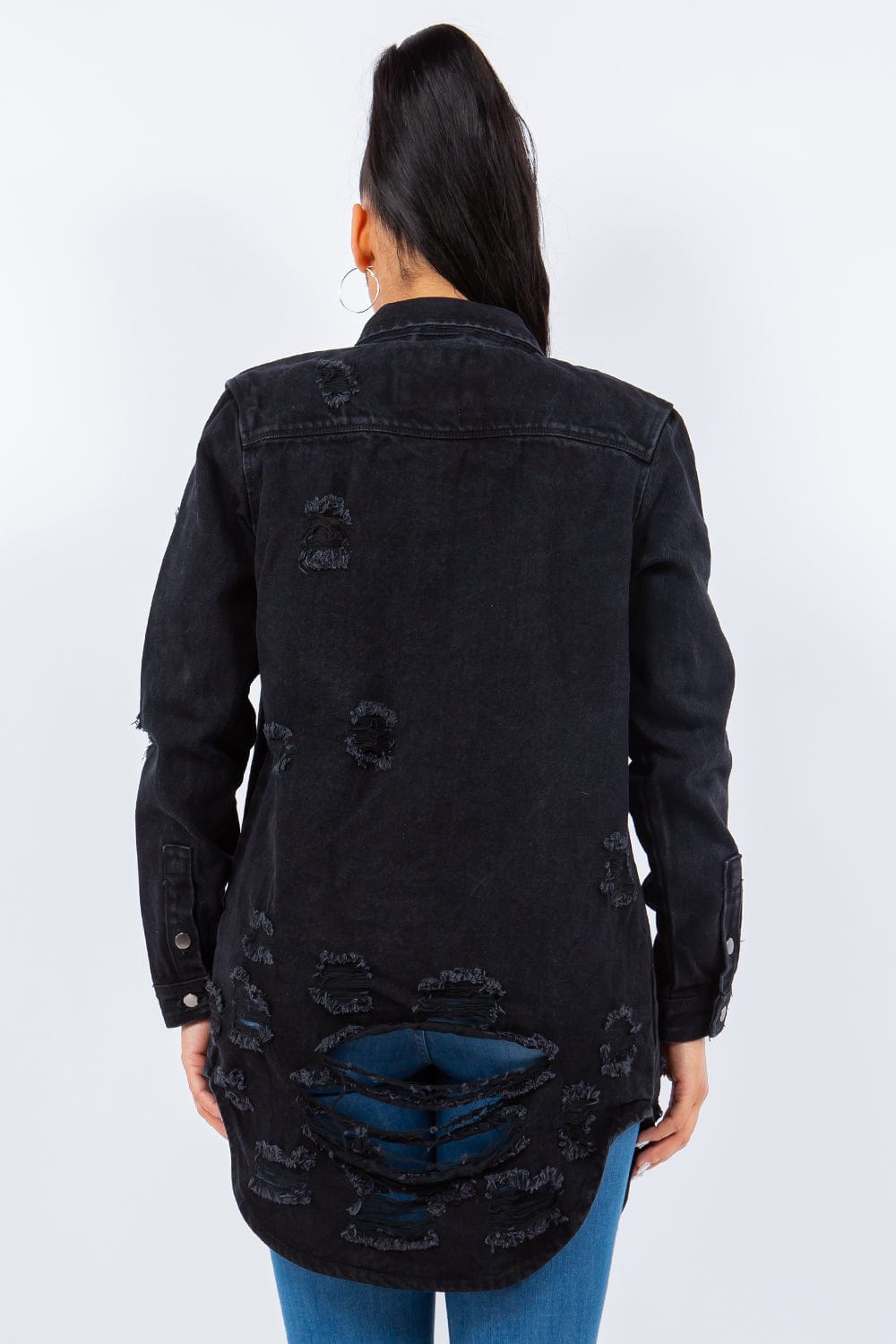 American Bazi Distressed Button Up Long Sleeve Denim Jacket - Trendsi