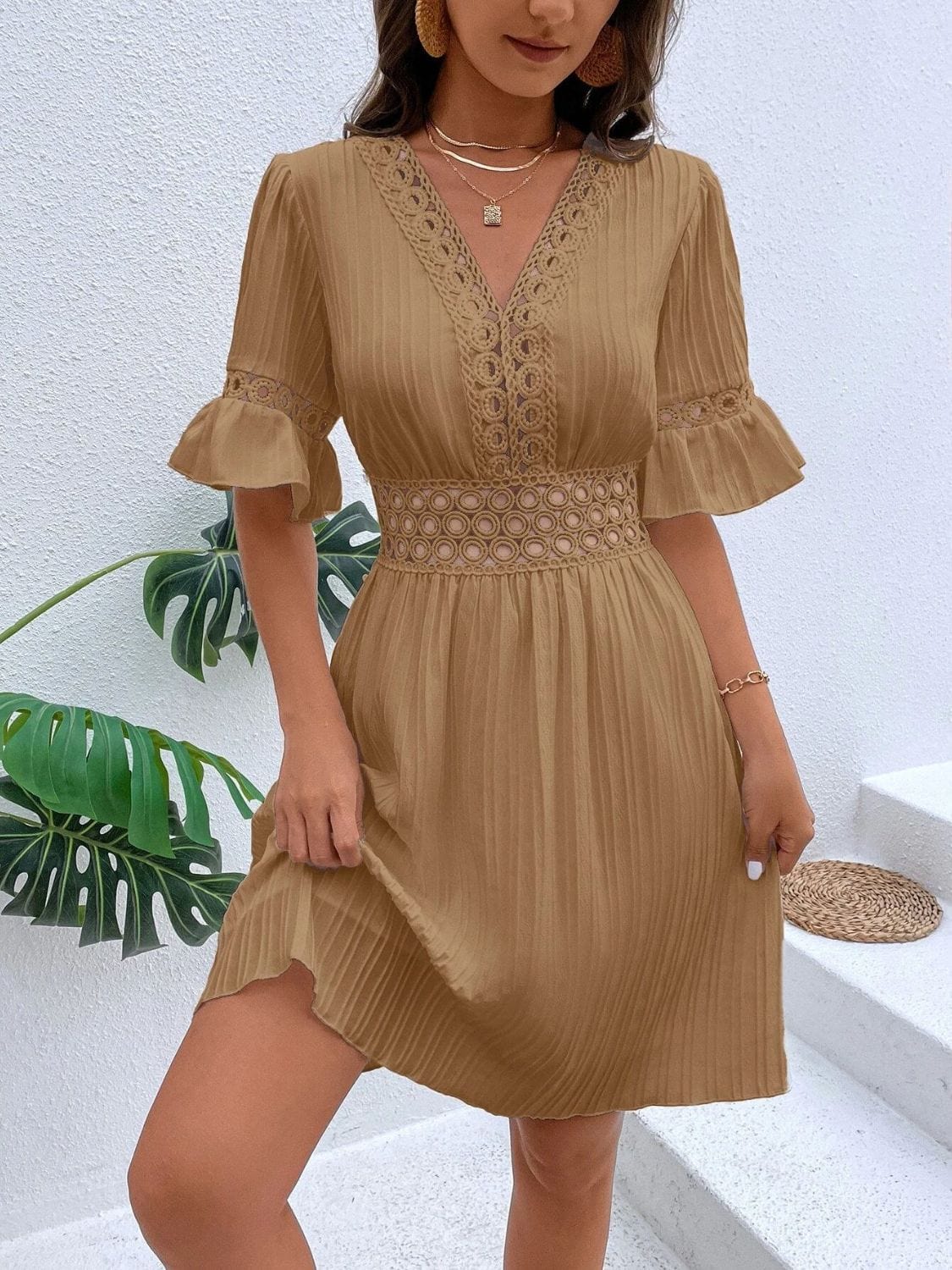 Cutout V-Neck Flounce Sleeve Mini Dress - Trendsi