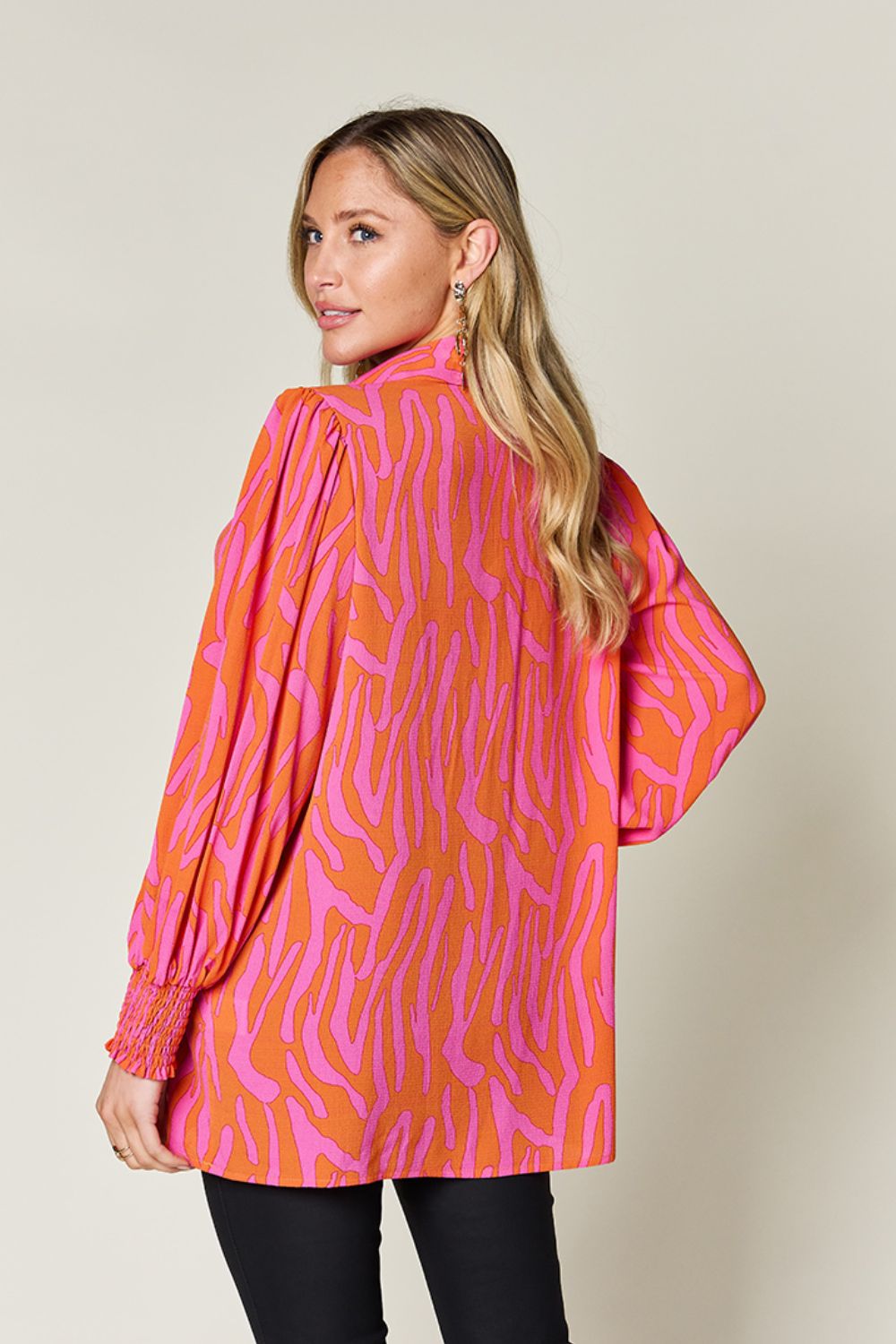 Double Take Full Size Printed Smocked Long Sleeve Blouse - Flyclothing LLC