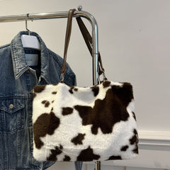 Cow Print Furry Tote Bag - Trendsi