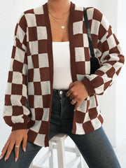 Checkered Open Front Long Sleeve Cardigan - Trendsi