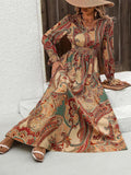 Smocked Printed V-Neck Flounce Sleeve Dress