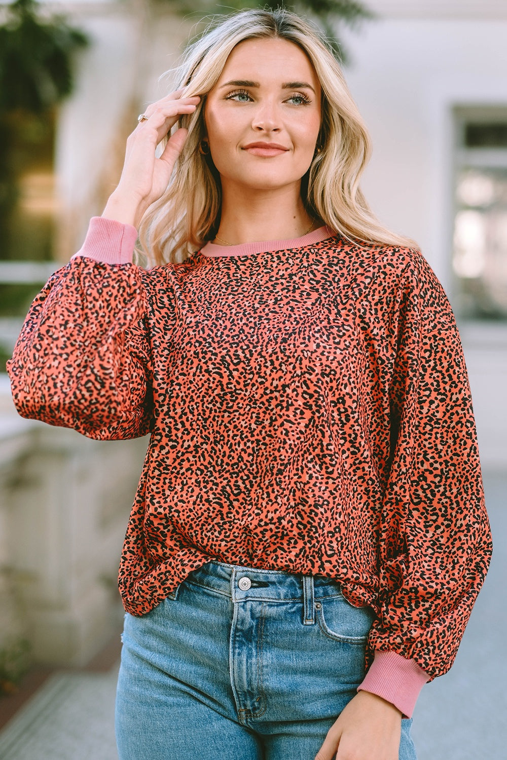 Leopard Round Neck Long Sleeve Sweatshirt - Flyclothing LLC