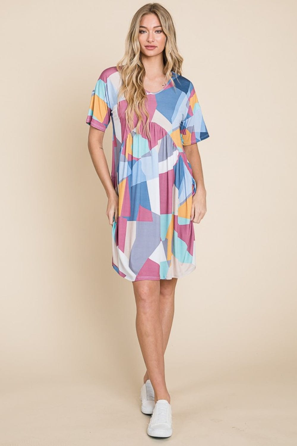 BOMBOM Ruched Color Block Short Sleeve Dress - Trendsi