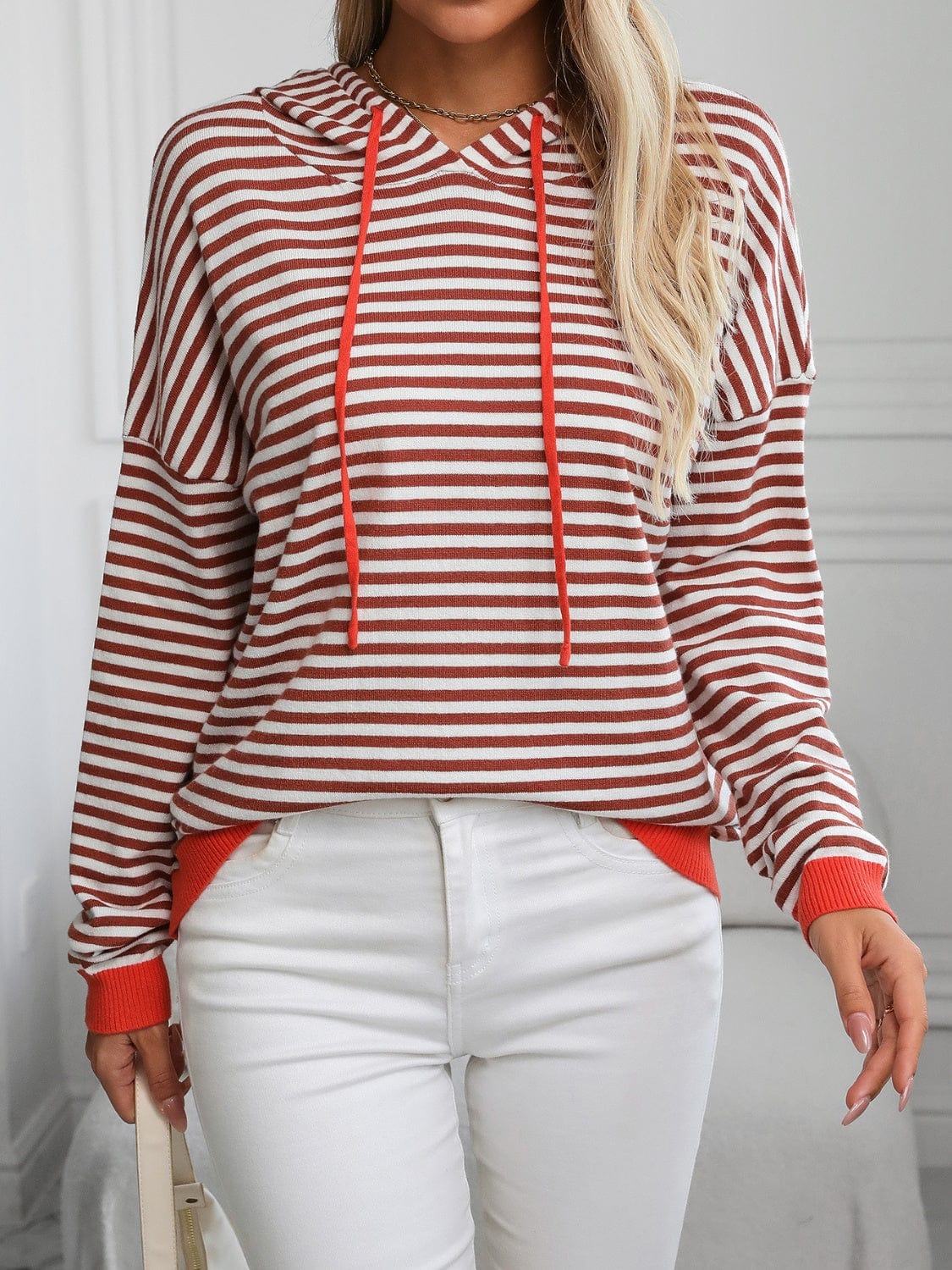 Mandy Striped Long Sleeve Hooded Knit Top - Trendsi