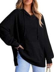 Drawstring Slit Long Sleeve Hoodie - Trendsi